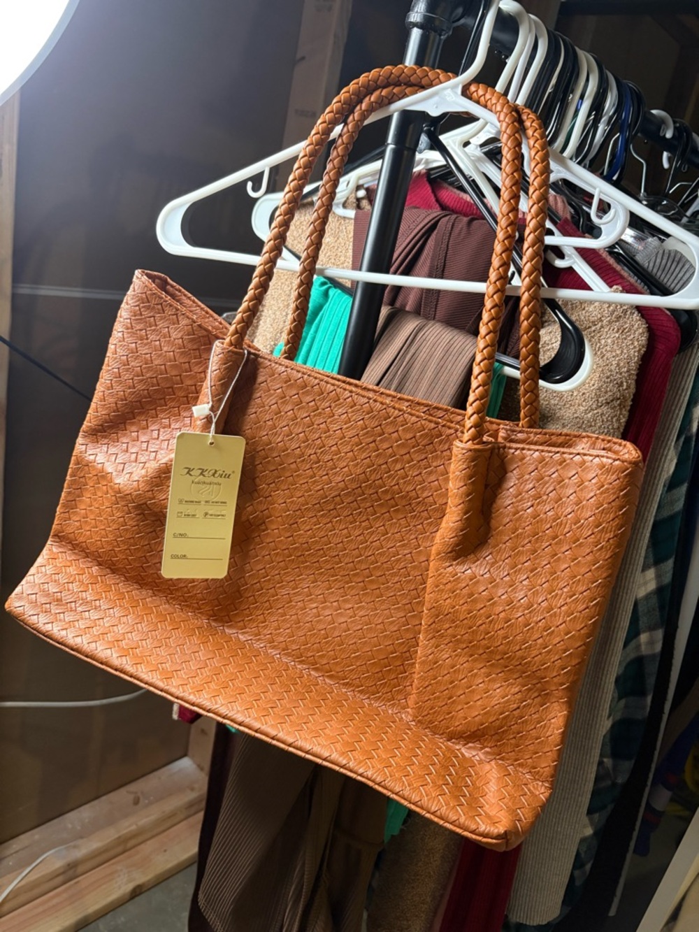 Braided Leather Tote Bag in Cognac
